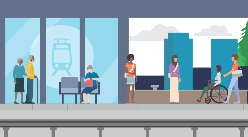 Decorative illustration of a Link light rail station and riders of all ages and abilities. More details in the caption and description of station design below.  