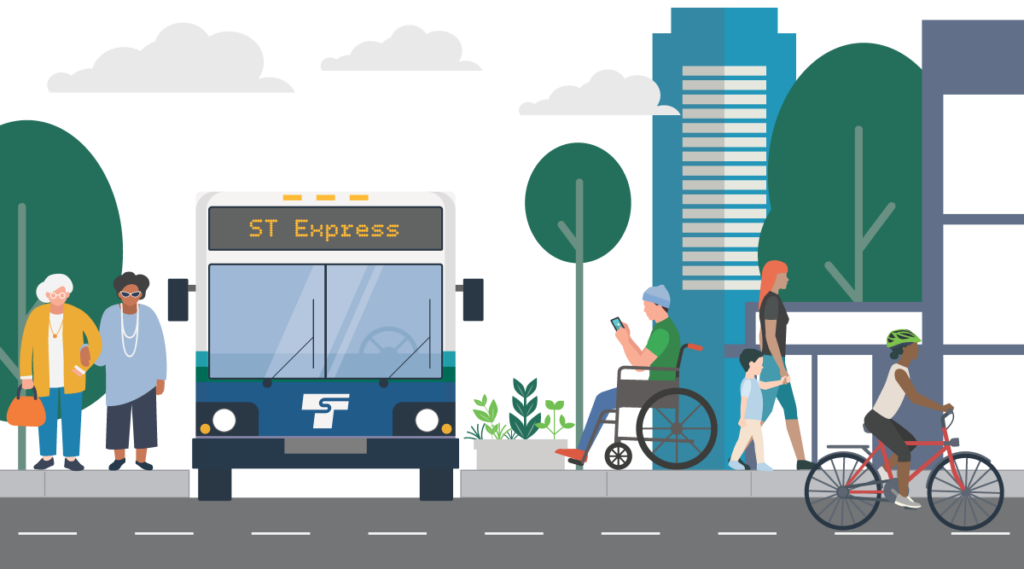 Decorative illustration of a Sound Transit Express Bus and people walking, biking, and using mobility devices to get to or from the station. More details in caption and description of station access planning below. 