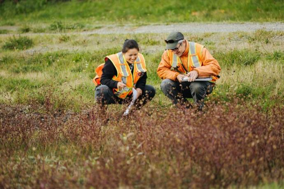 A woman and man crouch over tall grass to take measurements of the soil.