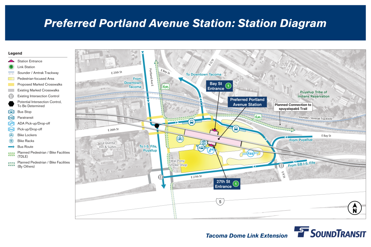 Bike lockers and racks are located near the East 27th Street entrance. Buses enter from East Bay Street and exit via East 27th Street. A shared-use path connects to the station. A crosswalk at the north entrance links to the proposed shared-use paths along the north side of East Bay Street and the east side of Portland Avenue East, with segments to be built by Sound Transit and our partners.