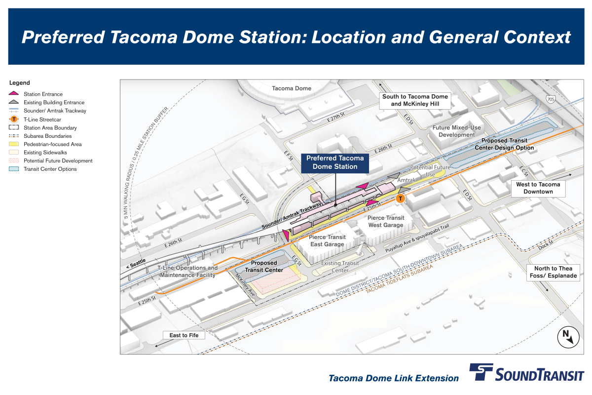 A quarter-mile radius is labeled, indicating a 10-minute walking distance to and from the station. The station is on East 25th Street between East G Street and East D Street, near the existing Pierce County parking garages. Other nearby transit options are shown, including the T Line, Amtrak, and Sounder.