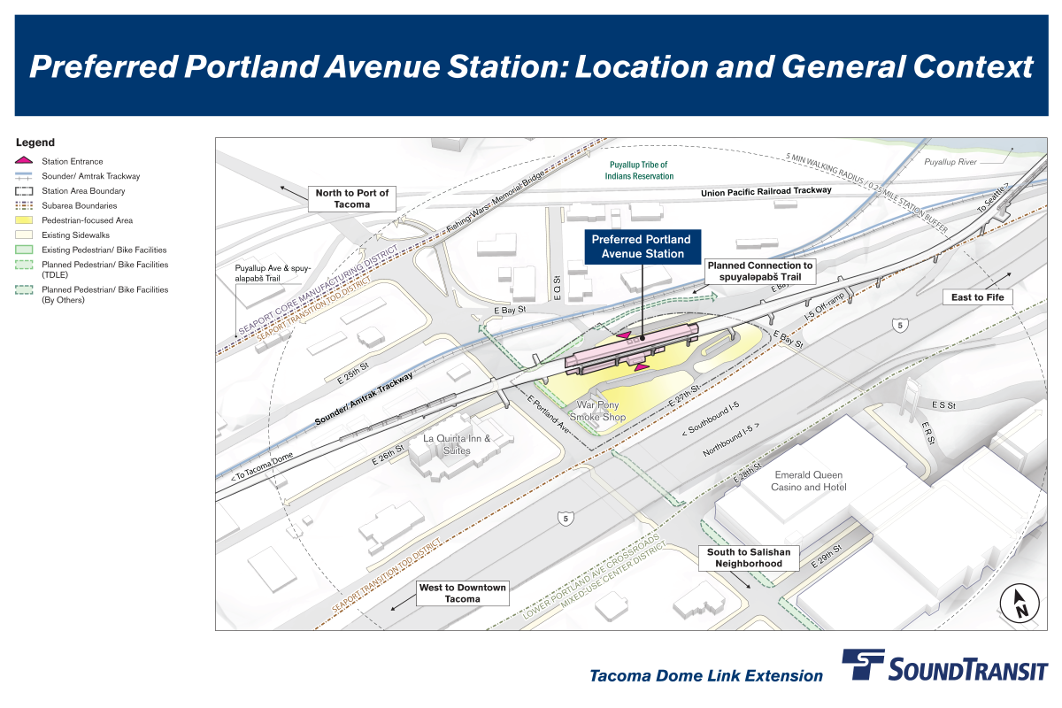 A quarter-mile radius is labeled, indicating a 5-minute walking distance to and from the station. The station sits just north of Interstate 5 between East Portland Avenue and East Bay Street, near the La Quinta Inn and Suites. Existing and planned pedestrian and bike facilities are shown, connecting the station to Downtown Tacoma, the Salishan neighborhood, and the Port of Tacoma.
