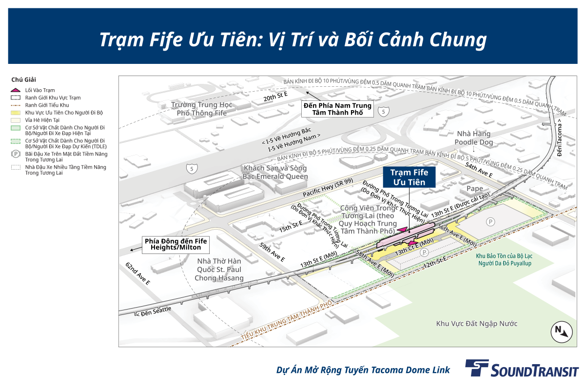 Bán kính một phần tư dặm được dán nhãn, cho biết khoảng cách đi bộ 5 phút đến và đi từ nhà ga, cũng như bán kính nửa dặm cho biết khoảng cách đi bộ 10 phút. Nhà ga và các đường phố mới để hỗ trợ nó nằm giữa 54th Avenue East, 59th Avenue East, 12th Street East và 15th Street East. Các cơ sở dành cho người đi bộ và xe đạp hiện có và đã được lên kế hoạch được hiển thị xung quanh khu vực nhà ga.