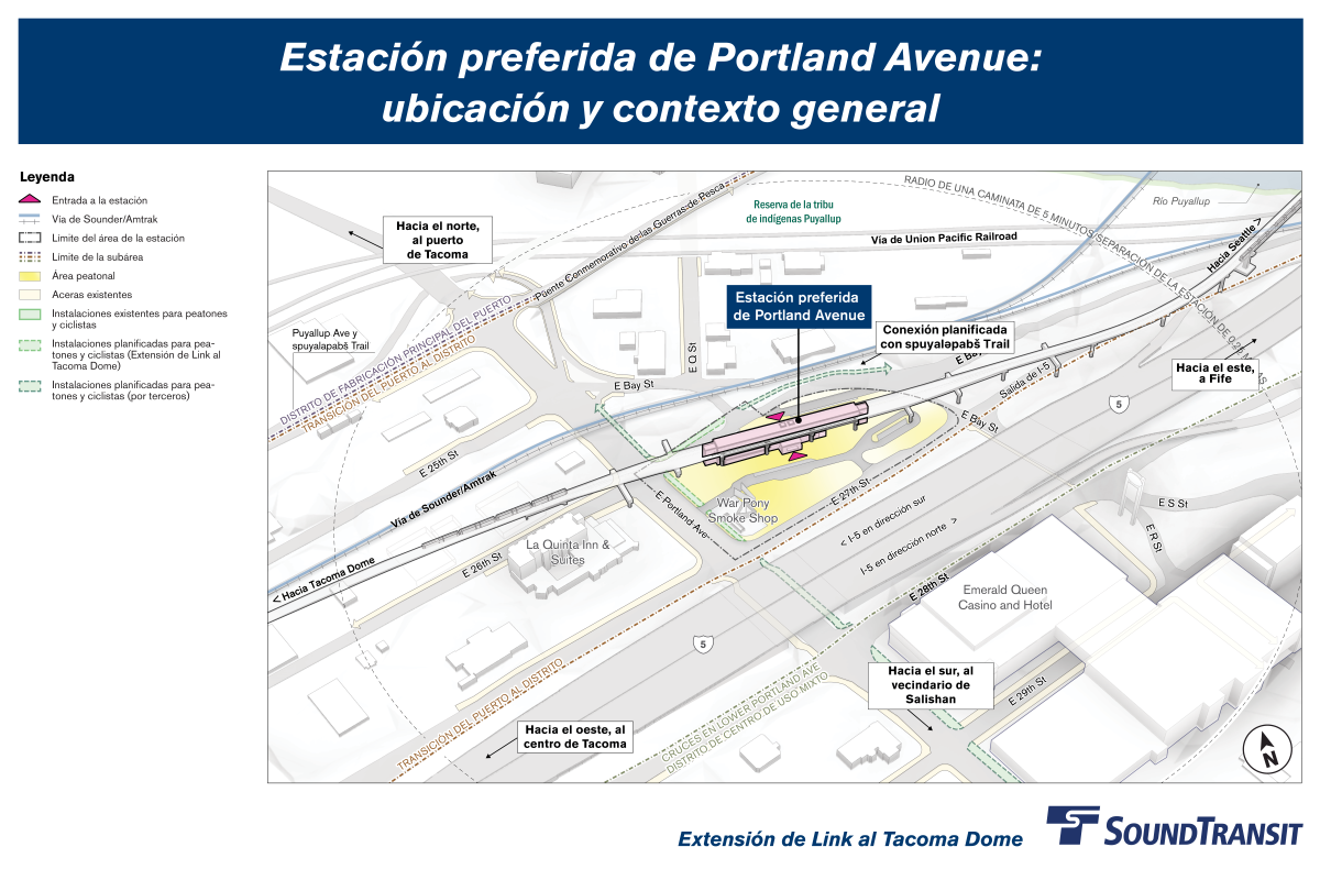 Se indica un radio de un cuarto de milla, lo que indica una distancia de caminata de 5 minutos hacia y desde la estación. La estación se encuentra justo al norte de la Interestatal 5 entre East Portland Avenue y East Bay Street, cerca del La Quinta Inn and Suites. Las instalaciones existentes y planificadas para peatones y bicicletas se muestran, conectando la estación con el centro de Tacoma, el vecindario de Salishan y el Puerto de Tacoma.