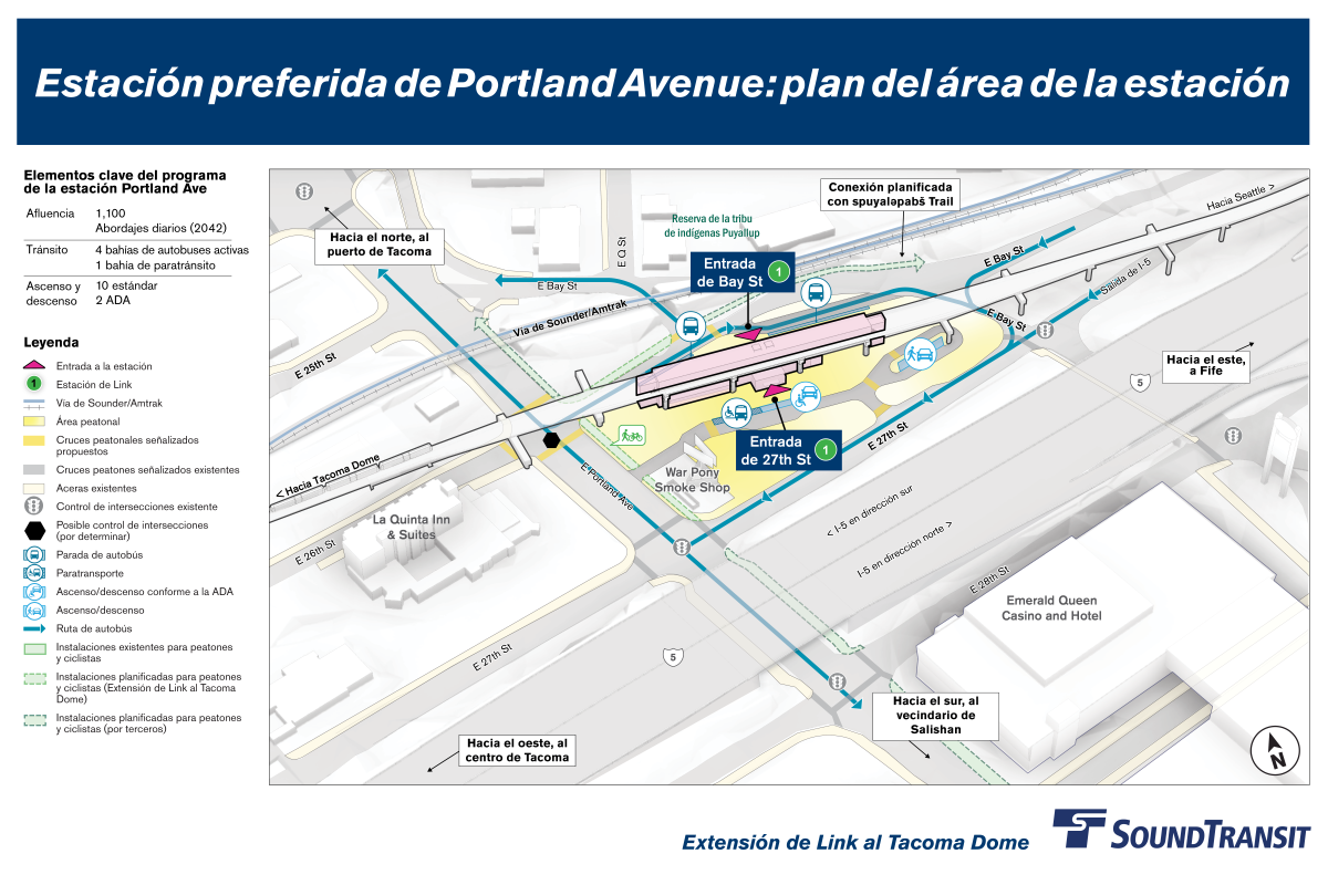 En el lado norte a lo largo de East Bay Street hay una entrada a la estación y cuatro bahías de autobús. En el lado sur a lo largo de East 27th Street hay una segunda entrada, una bahía de paratránsito, dos espacios de descenso accesibles y 10 espacios de descenso estándar. Las rutas destacadas muestran las conexiones clave para peatones y bicicletas hacia el norte a lo largo de East Portland Avenue y East 25th Street, a través de la estación y hacia el sur a lo largo de East Portland Avenue y East Bay Street. Se proyecta que la estación sirva a 1,130 pasajeros diarios para el año 2042.