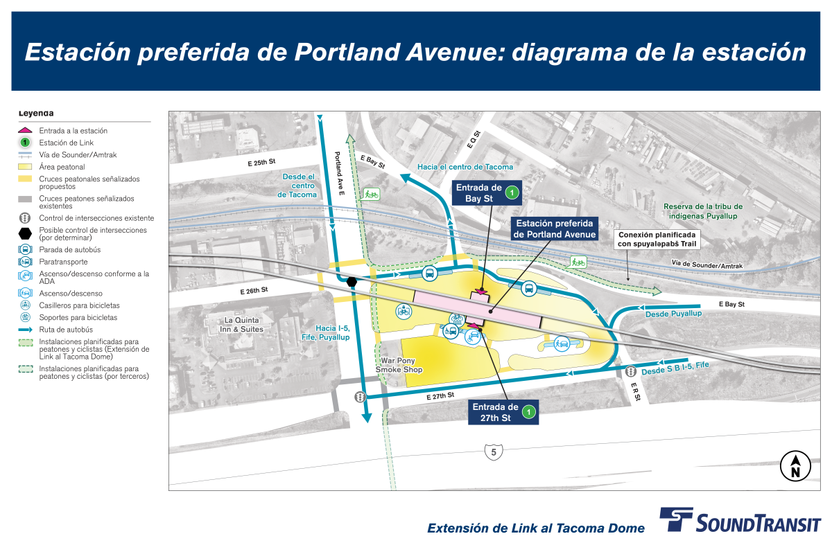 Bike lockers and racks are located near the East 27th Street entrance. Buses enter from East Bay Street and exit via East 27th Street. A shared-use path connects to the station. A crosswalk at the north entrance links to the proposed caminos de uso compartido along the north side of East Bay Street and the east side of Portland Avenue East, with segments to be built by Sound Transit and our partners.
