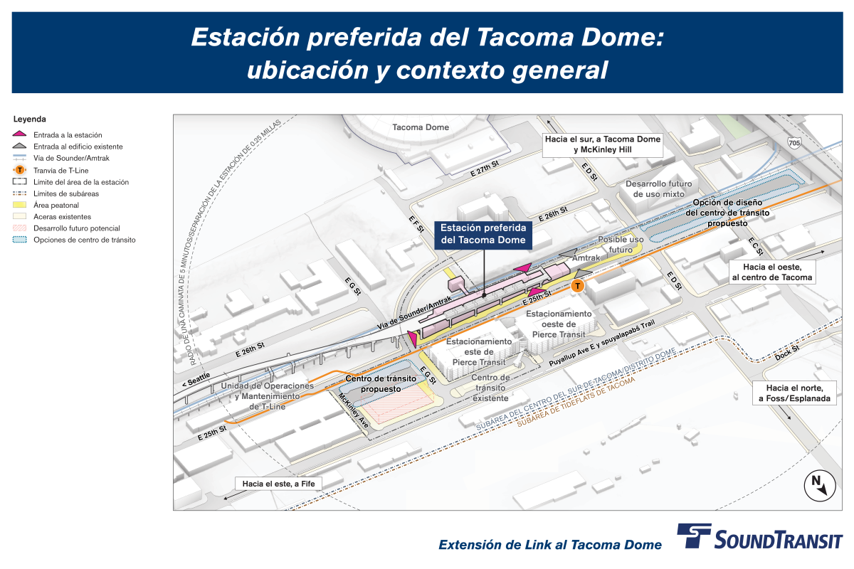 Se indica un radio de un cuarto de milla, lo que indica una distancia de 10 minutos a pie hacia y desde la estación. La estación está en la calle East 25th entre la calle East G y la calle East D, cerca de los garajes de estacionamiento existentes del condado de Pierce. Se muestran otras opciones de transporte cercanas, incluyendo la línea T, Amtrak y Sounder.
