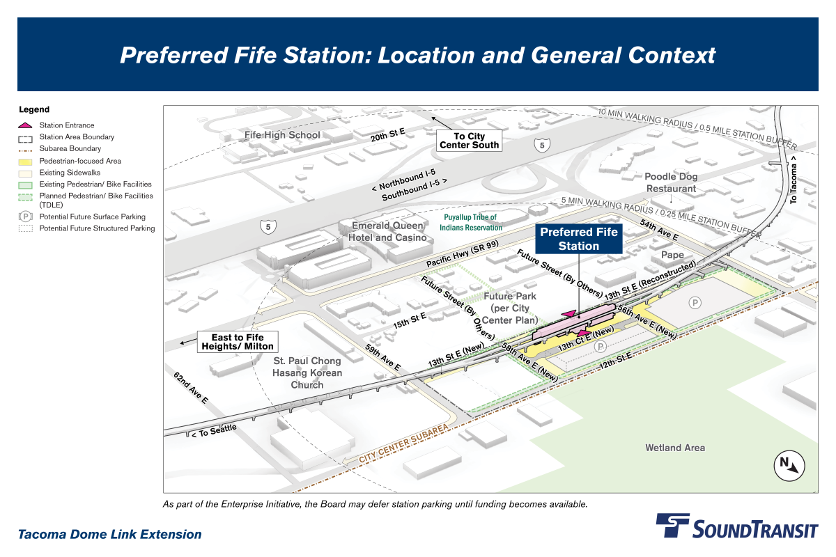 A quarter-mile radius is labeled, indicating a 5-minute walking distance to and from the station, as well as a half mile radius indicating a 10-minute walking distance. The station and new streets to support it are located between 54th Avenue East, 59th Avenue East,12th Street East, and 15th Street East. Existing and planned pedestrian and bike facilities are shown surrounding the station area.