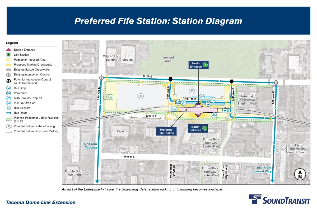 Bike lockers are shown near the south entrance. Proposed crosswalks and a planned shared-use path are shown surrounding the station on 54th Avenue East, 56th Avenue East, 59th Avenue East, 12th Street East, and 13th Street East.