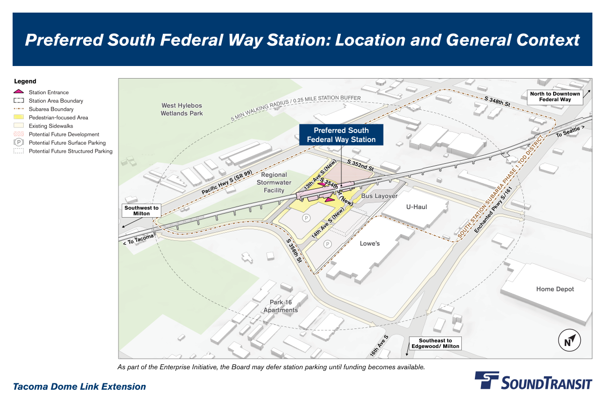 A quarter-mile radius is labeled, indicating a 5-minute walking distance to and from the station. The station sits between Pacific Highway South and Enchanted Parkway South, near Federal Way Crossings and Lowe’s. Existing sidewalks are indicated on all streets, connecting the station to nearby businesses, neighborhoods, and destinations.