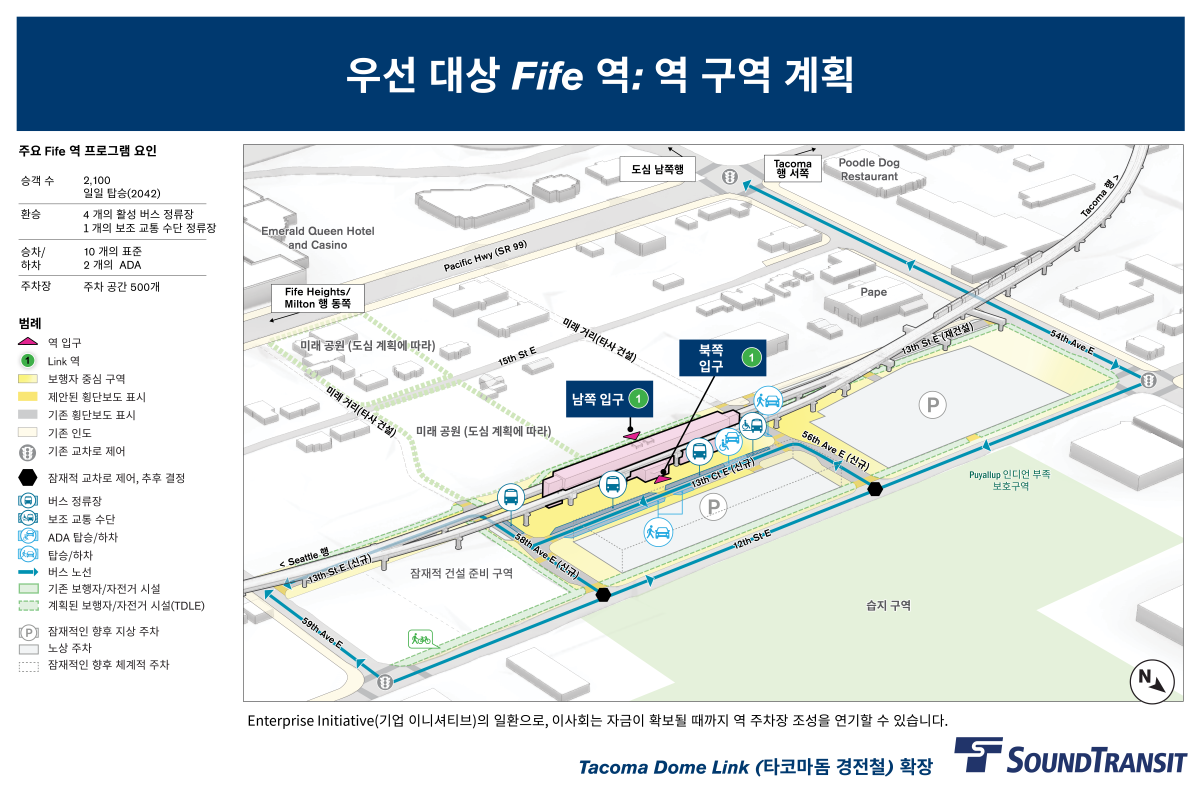 역의 북쪽 입구는 4개의 활성 버스 베이, 1개의 보조 환승 베이, 10개의 일반 승하차 공간, 2개의 장애인 승하차 공간 근처에 있는 새로운 13번 코트 이스트에 표시됩니다. 역의 남쪽에 두 번째 출입구가 있습니다. 인근 주차장과 잠재적인 미래 주차 구조가 표시됩니다. 강조 표시된 노선은 역세권 및 54번가 이스트, 59번가 이스트, 12번가 이스트의 주요 보행자 및 자전거 연결 경로를 보여줍니다. 이 역은 2042년까지 매일 2,080명의 승객이 이용할 것으로 예상됩니다.