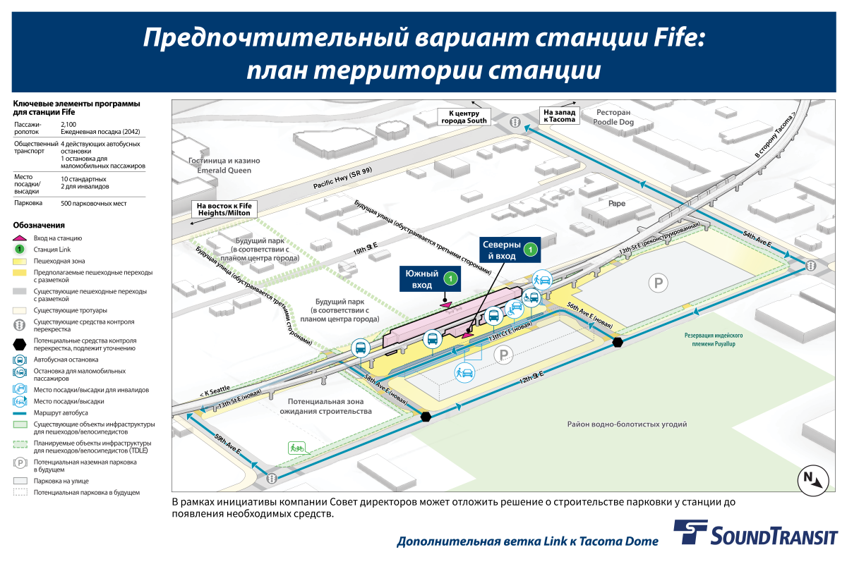 Северный вход на станцию показан на новом проекте 13th Court East рядом с четырьмя активными автобусными площадками, одной площадкой для паратранзита, 10 стандартными местами для посадки и высадки пассажиров и двумя доступными местами для посадки и высадки пассажиров. Второй вход показан на южной стороне станции. Показана близлежащая парковка и потенциальное будущее парковочное сооружение. Выделенные маршруты показывают основные пешеходные и велосипедные связи через район станции и 54-ю авеню на востоке, 59-ю авеню на востоке и 12-ю улицу на востоке. По прогнозам, к 2042 году станция будет обслуживать 2 080 ежедневных пассажиров.