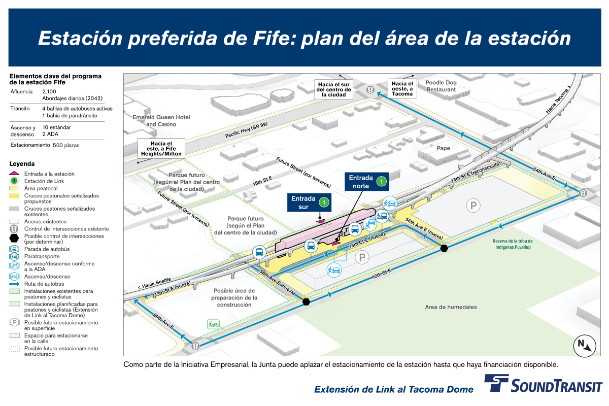 Se muestra una entrada norte a la estación en la nueva 13th Court East cerca de cuatro paradas de autobús activas, una parada de paratránsito, 10 espacios estándar para recoger y dejar pasajeros, y dos espacios accesibles para recoger y dejar pasajeros. Se muestra una segunda entrada en el lado sur de la estación. Se muestra un estacionamiento cercano y una posible estructura de estacionamiento futura. Las rutas destacadas muestran conexiones clave para peatones y bicicletas a través del área de la estación y en 54th Avenue East, 59th Avenue East y 12th Street East. Se proyecta que la estación sirva a 2,080 pasajeros diarios para el 2042.