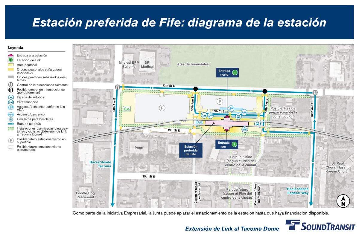 Se muestran casilleros para bicicletas cerca de la entrada sur. Se muestran pasos peatonales propuestos y un camino de uso compartido planificado alrededor de la estación en 54th Avenue East, 56th Avenue East, 59th Avenue East, 12th Street East y 13th Street East.