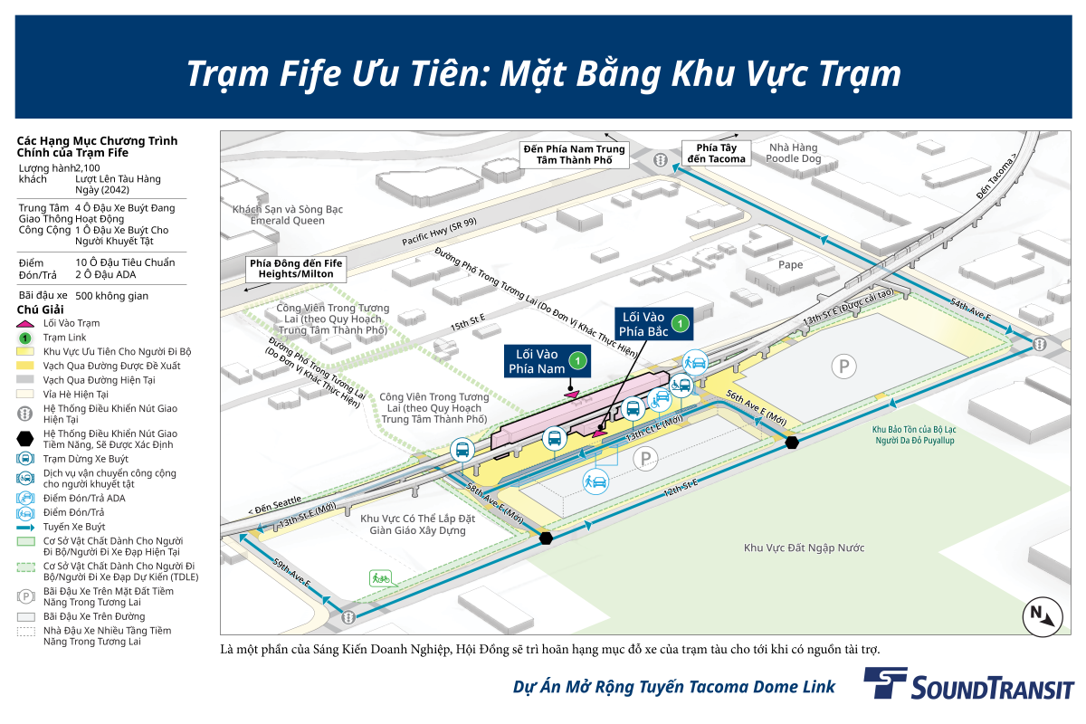Lối vào phía bắc của nhà ga được hiển thị trên 13th Court East mới gần bốn bến xe buýt đang hoạt động, một khoang vận chuyển người khuyết tật, 10 chỗ đón và trả khách tiêu chuẩn và hai chỗ đón và trả khách có thể tiếp cận. Lối vào thứ hai được hiển thị ở phía nam của nhà ga. Một bãi đậu xe gần đó và một cấu trúc bãi đậu xe tiềm năng trong tương lai được hiển thị. Các tuyến đường được đánh dấu cho thấy các kết nối chính dành cho người đi bộ và xe đạp qua khu vực nhà ga và trên Đại lộ 54 phía Đông, Đại lộ 59 phía Đông và Phố 12 phía Đông. Nhà ga dự kiến sẽ phục vụ 2.080 hành khách hàng ngày vào năm 2042.