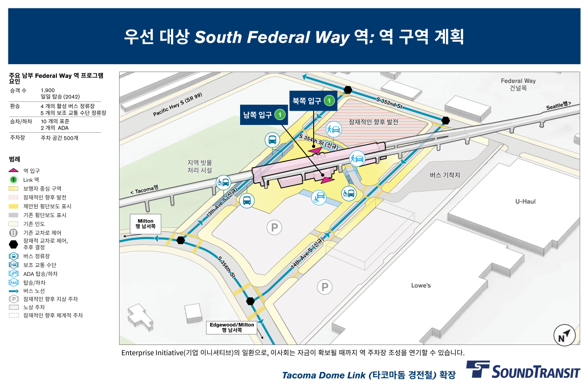 새로운 13번가 남쪽과 남쪽 354번가 교차로 근처에 역의 북쪽 입구가 표시됩니다. 새로운 14번가 남쪽과 남쪽 354번가 교차로 근처에 남쪽 출입구가 표시됩니다. 10개의 표준 픽업 및 하차 공간과 4개의 활성 버스 베이가 표시되어 있습니다. 5개의 보조 환승 베이와 2개의 접근 가능한 픽업 및 하차 공간이 남쪽 출입구 가까이에 있습니다. 남쪽 입구 근처에 잠재적인 미래 주차 구조물이 표시됩니다. 제안된 횡단보도와 신호가 있는 교차로는 신규 및 기존 도로에 표시되어 있습니다. 이 역은 2042년까지 매일 1,950명의 승객이 이용할 것으로 예상됩니다.