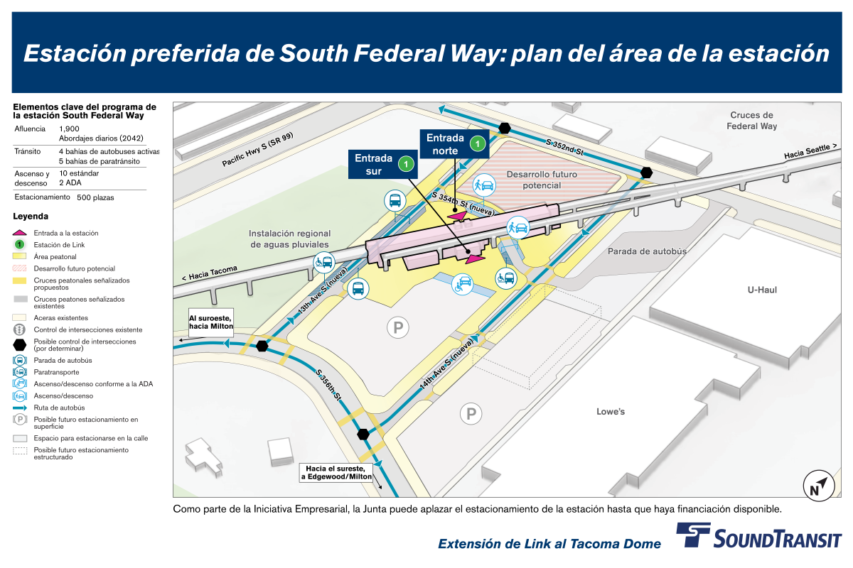 Se muestra una entrada norte a la estación cerca de la nueva intersección de 13th Avenue South y South 354th Street. Se muestra una entrada sur cerca de la nueva intersección de 14th Avenue South y South 354th Street. Se muestran 10 espacios estándar de recogida y entrega y cuatro bahías de autobuses activas. Cinco bahías de paratránsito y dos espacios accesibles de recogida y entrega se encuentran más cerca de la entrada sur. Se muestra una posible estructura de estacionamiento futura cerca de la entrada sur. Se indican pasos peatonales propuestos e intersecciones semaforizadas en calles nuevas y existentes. Se proyecta que la estación sirva a 1,950 pasajeros diarios para 2042.