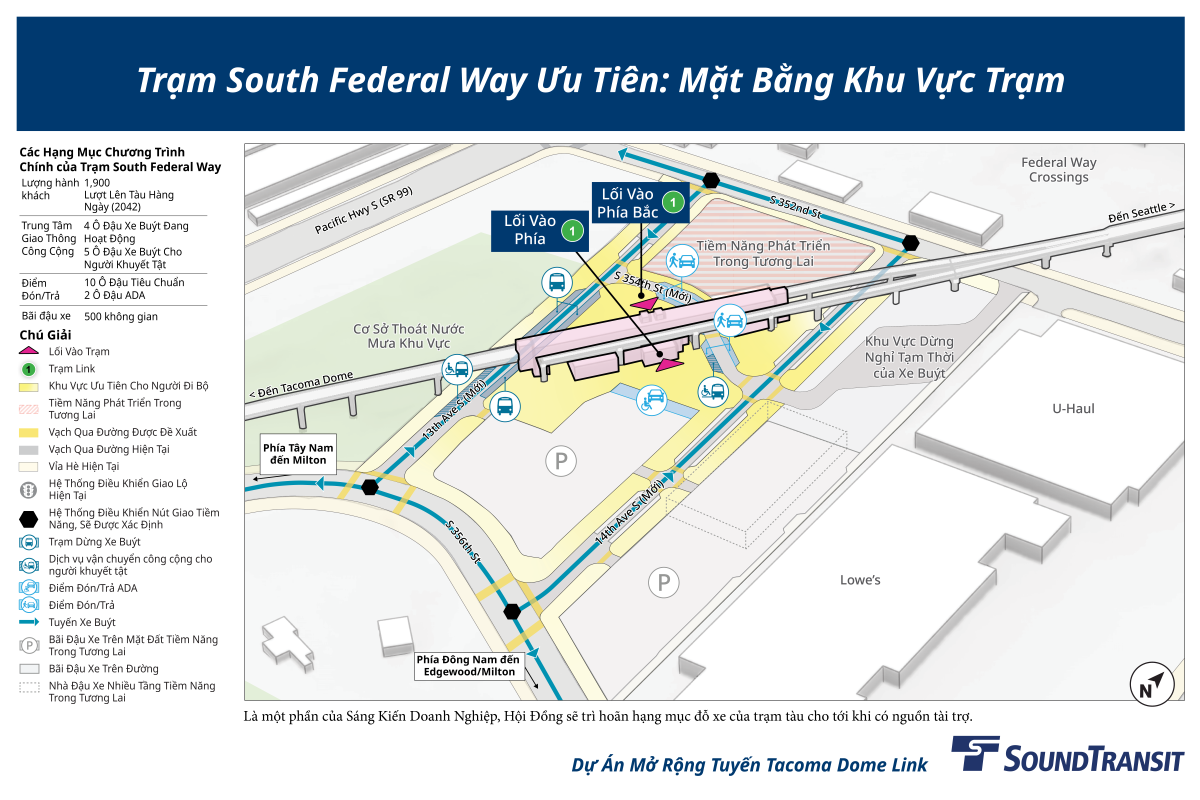 Lối vào phía bắc của nhà ga được hiển thị gần giao lộ mới của Đại lộ 13th Avenue South và South 354th Street. Một lối vào phía nam được hiển thị gần giao lộ mới của Đại lộ 14th Avenue South và South 354th Street. 10 chỗ đón và trả khách tiêu chuẩn và bốn bãi xe buýt đang hoạt động được hiển thị. Năm khoang vận chuyển người khuyết tật và hai không gian đón và trả khách có thể tiếp cận được nằm gần lối vào phía nam hơn. Một cấu trúc bãi đậu xe tiềm năng trong tương lai được hiển thị gần lối vào phía nam. Các lối băng qua đường được đề xuất và các giao lộ có tín hiệu được chỉ định trên các đường phố mới và hiện có. Nhà ga dự kiến sẽ phục vụ 1.950 hành khách hàng ngày vào năm 2042.